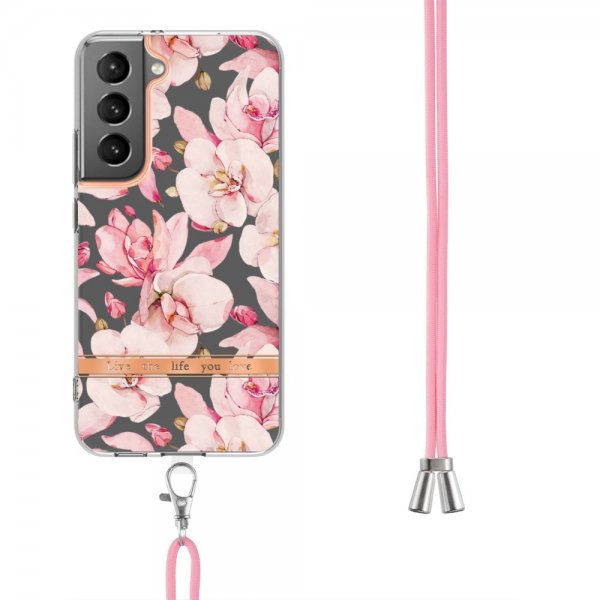 Samsung Galaxy S22 Plus Skal Blommönster med Strap Rosa Gardenia