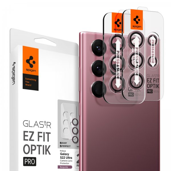 Spigen Samsung Galaxy S22 Ultra Kameraskydd GLAS.tR EZ Fit Optik Pro 2-pack Burgundy