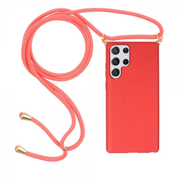 Samsung Galaxy S22 Ultra Skal Vetestrå med Strap Röd