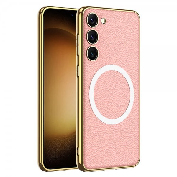 GKK Samsung Galaxy S23 Plus Skal Litchimönster Pläterad Kant MagSafe Rosa