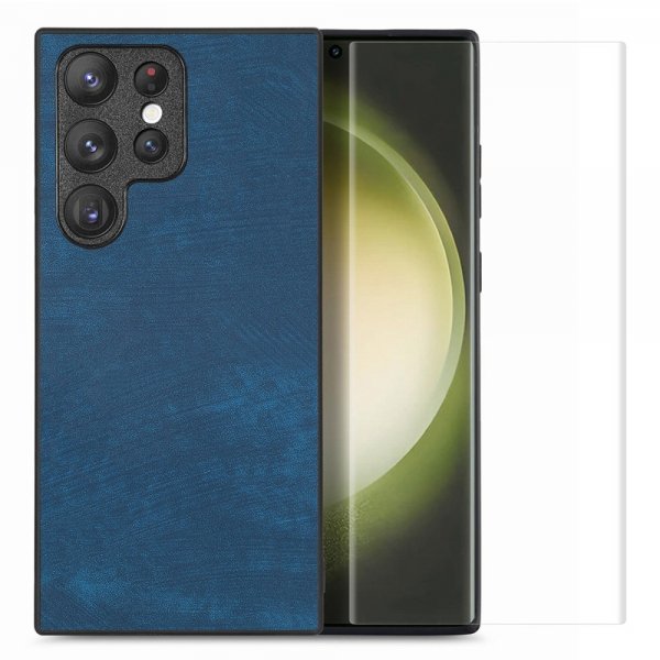 Enkay Samsung Galaxy S23 Ultra Skal med Skärmskydd Lädertextur Blå