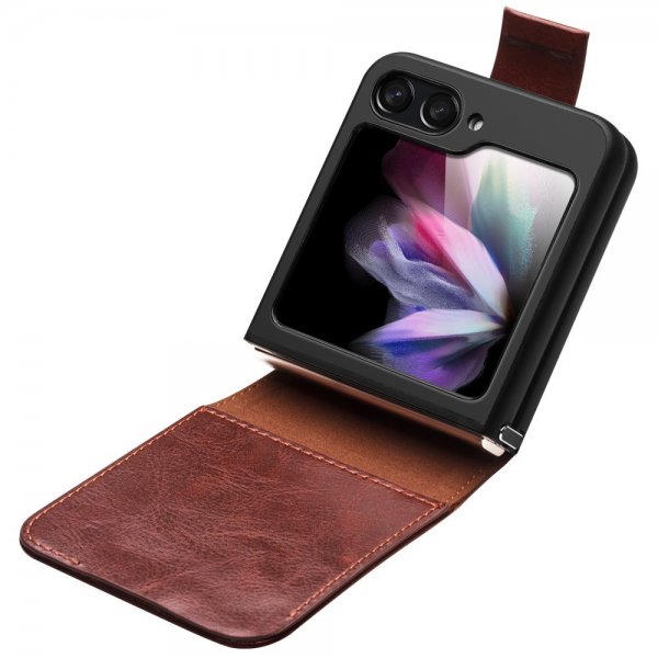 Qialino Samsung Galaxy Z Flip 5 Fodral Äkta Läder Mörkbrun