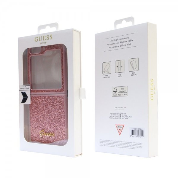 Guess Samsung Galaxy Z Flip 5 Skal Glitter Flakes Metal Logo Rosa
