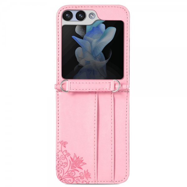Samsung Galaxy Z Flip 5 Skal med Axelband Kortfack Rosa