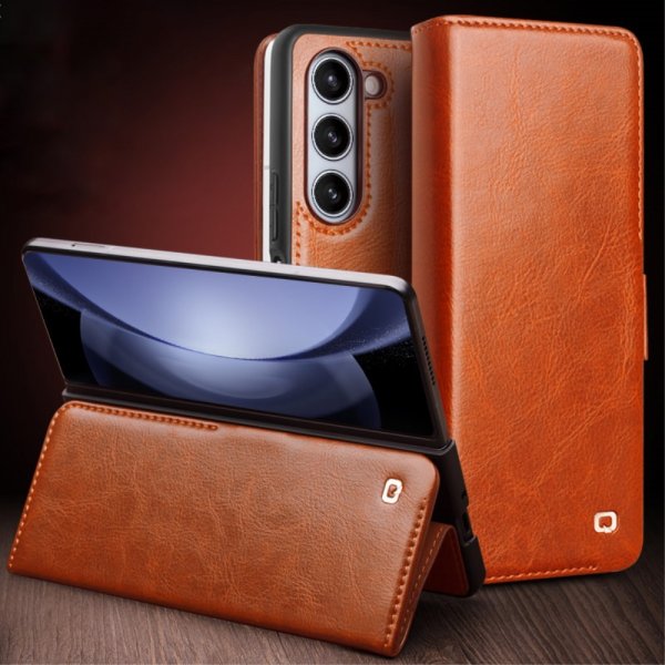 Qialino Samsung Galaxy Z Fold 5 Fodral Äkta Läder Brun