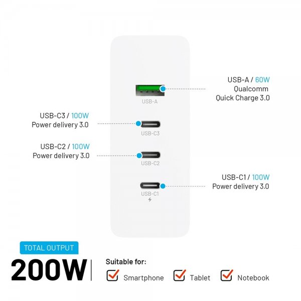 Fixed Skrivbordsladdare GaN200 Charging Dock 3xUSB-C & 1xUSB-A
