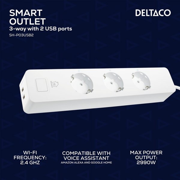 Deltaco Smart Home Smart Grenuttag WiFi 3xCEE 7/3 & 2xUSB-A 1.5m