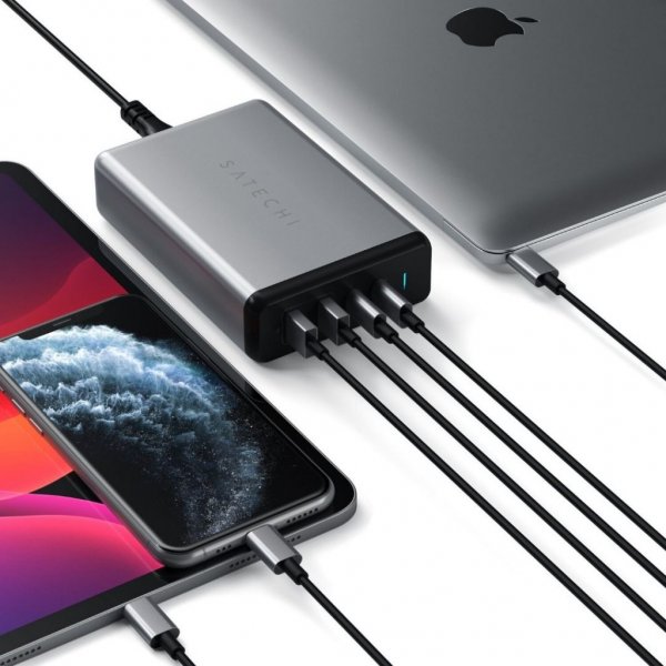Satechi 108W PD reseladdare med dubbla USB-C och USB-A uttag Grå