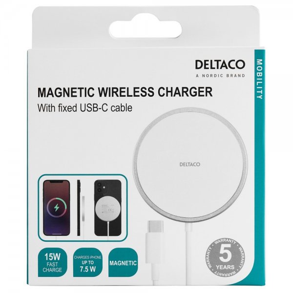Deltaco Trådlös Laddare Magnetic Wireless Charger MagSafe Vit