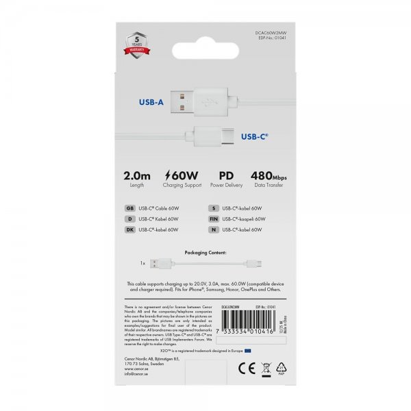 X2O USB-A till USB-C Kabel Basic 60W 2m Vit