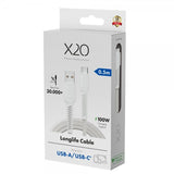 X2O USB-A till USB-C Kabel Longlife 60W 0.5m Vit