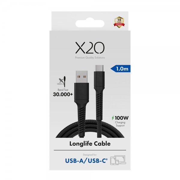 X2O USB-A till USB-C Kabel Longlife 60W 1m Svart