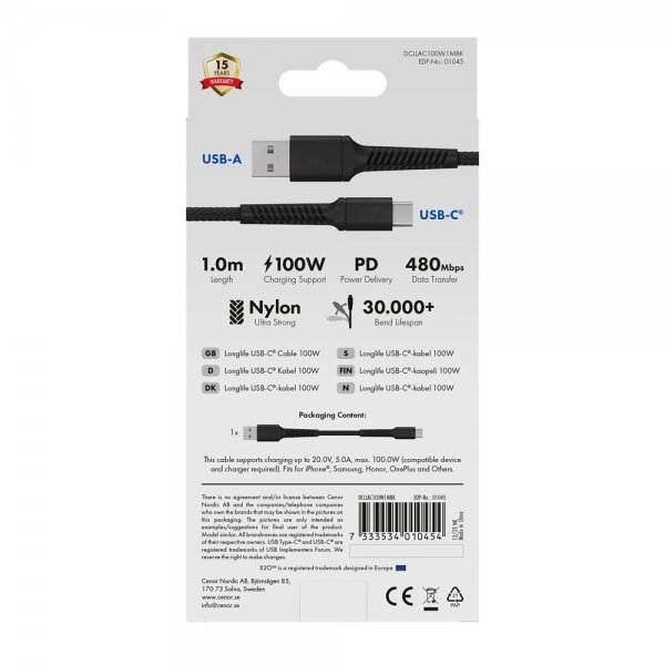 X2O USB-A till USB-C Kabel Longlife 60W 1m Svart