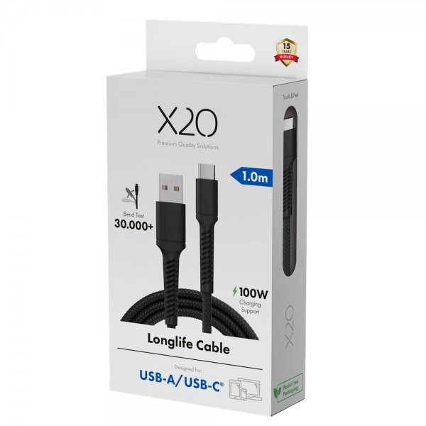 X2O USB-A till USB-C Kabel Longlife 60W 1m Svart