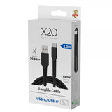 X2O USB-A till USB-C Kabel Longlife 60W 2m Svart