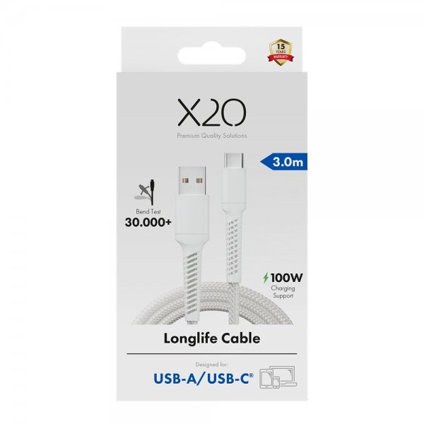 X2O USB-A till USB-C Kabel Longlife 60W 3m Vit