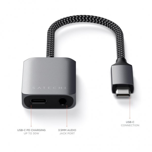 Satechi USB-C till 3.5mm och USB-C PD Adapter Grå