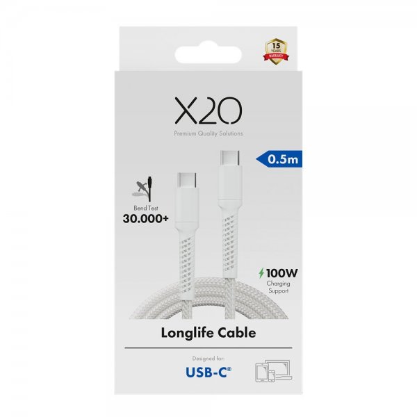 X2O USB-C till USB-C Kabel Longlife 100W 0.5m Vit