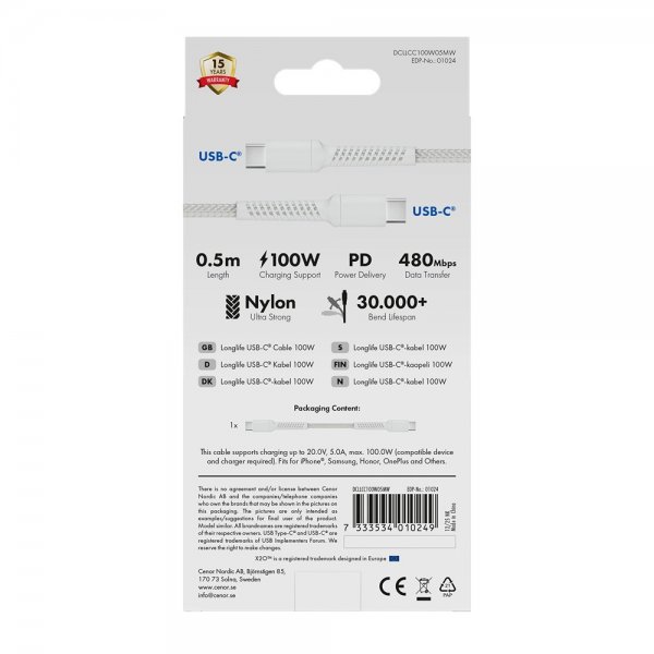 X2O USB-C till USB-C Kabel Longlife 100W 0.5m Vit