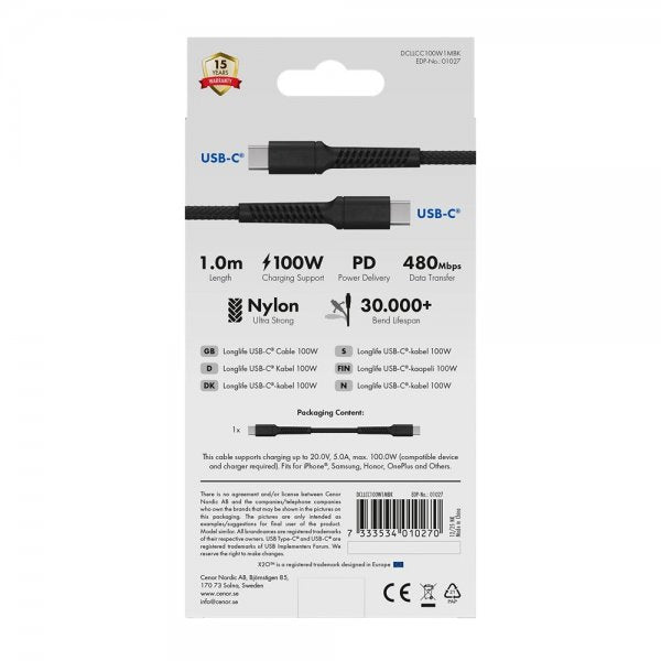 X2O USB-C till USB-C Kabel Longlife 100W 1m Svart