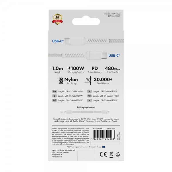 X2O USB-C till USB-C Kabel Longlife 100W 1m Vit