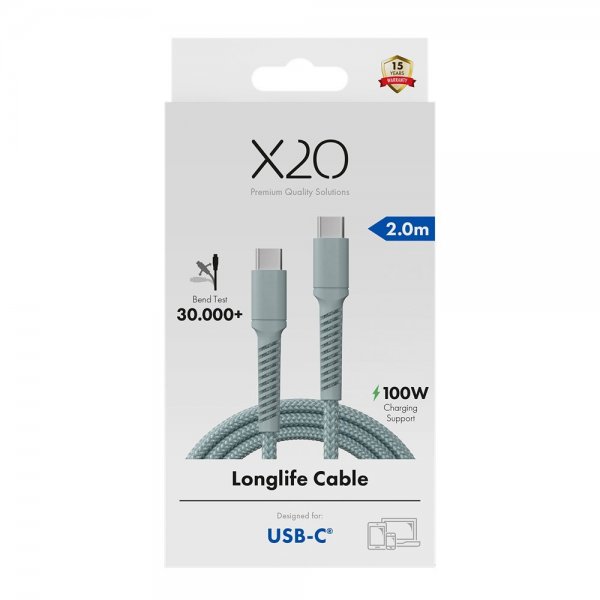 X2O USB-C till USB-C Kabel Longlife 100W 2m Blå
