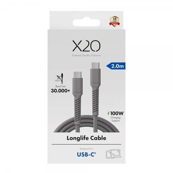 X2O USB-C till USB-C Kabel Longlife 100W 2m Grå