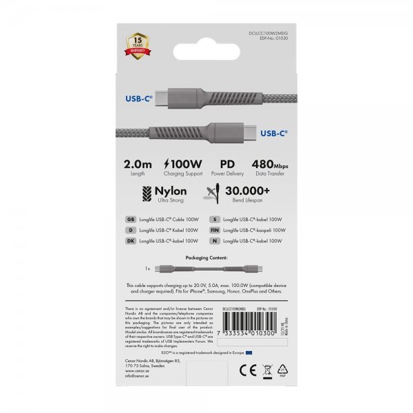 X2O USB-C till USB-C Kabel Longlife 100W 2m Grå