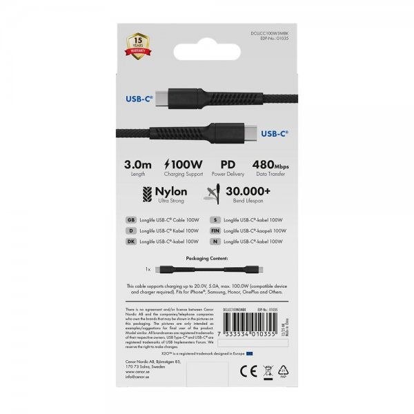X2O USB-C till USB-C Kabel Longlife 100W 3m Svart