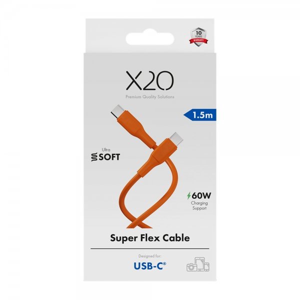 X2O USB-C till USB-C Kabel Superflex 60W 1.5m Orange