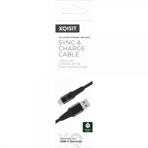 Xqisit USB-A till USB-C Kabel Flätad Extra Stark 2 m Svart