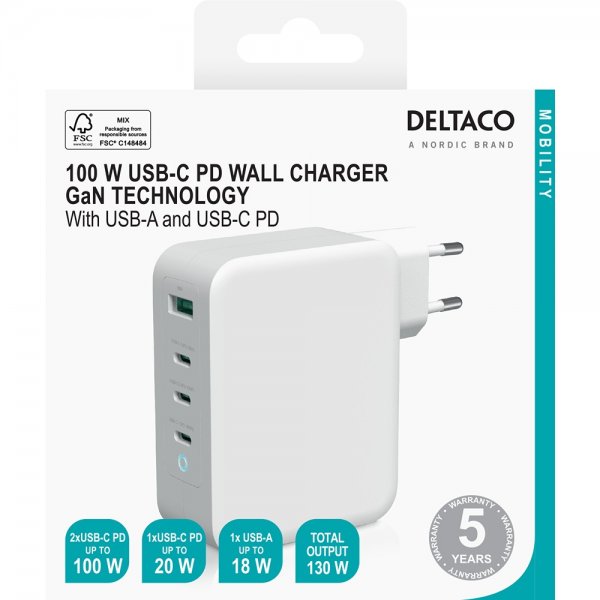 Deltaco Väggladdare 3xUSB-C och 1xUSB-A GaN 100W