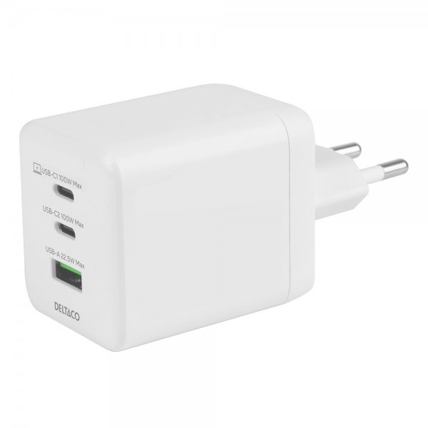 Deltaco Väggladdare GaN 1x USB-A 2x USB-C PPS 100W