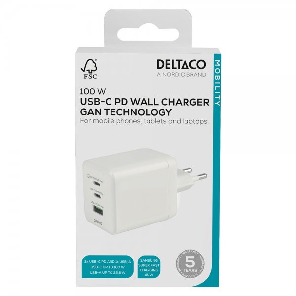 Deltaco Väggladdare GaN 1x USB-A 2x USB-C PPS 100W